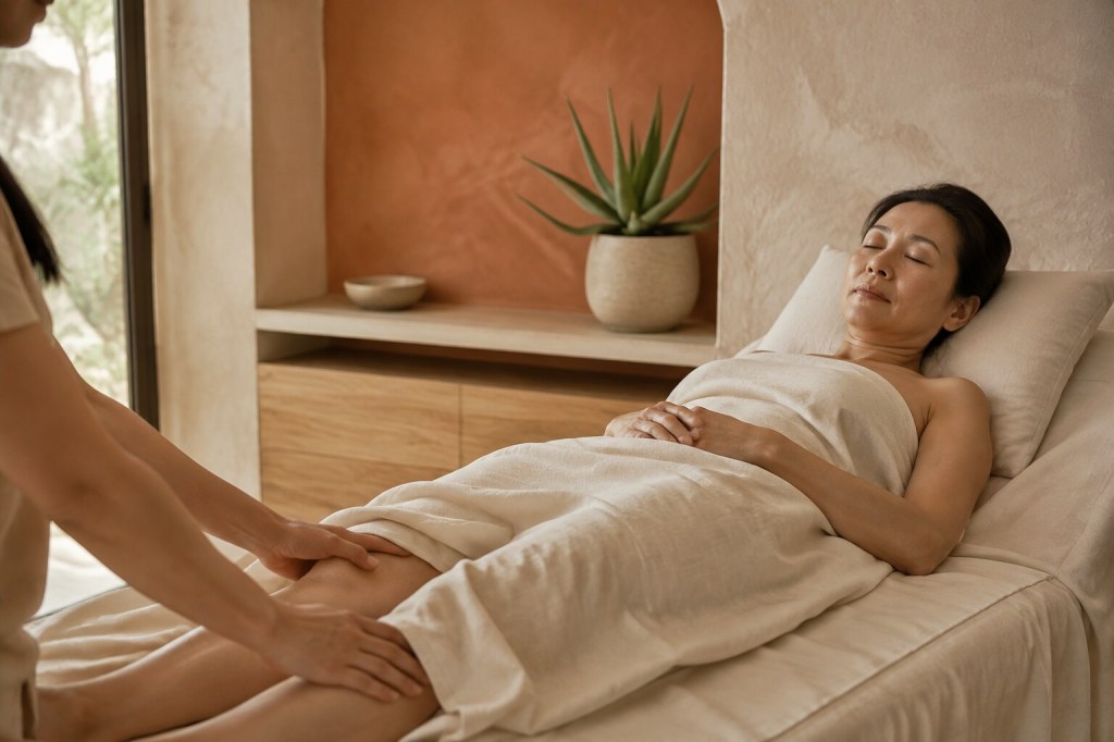 Massage relaxant des jambes et des pieds d’une femme dans une cabine méditerranéenne.