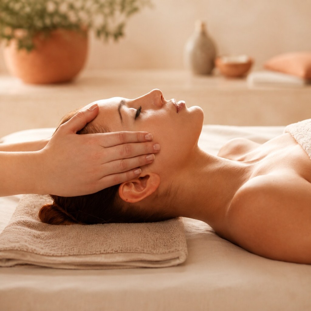 Massage relaxant de la tête et de la nuque dans une ambiance méditerranéenne chaleureuse.