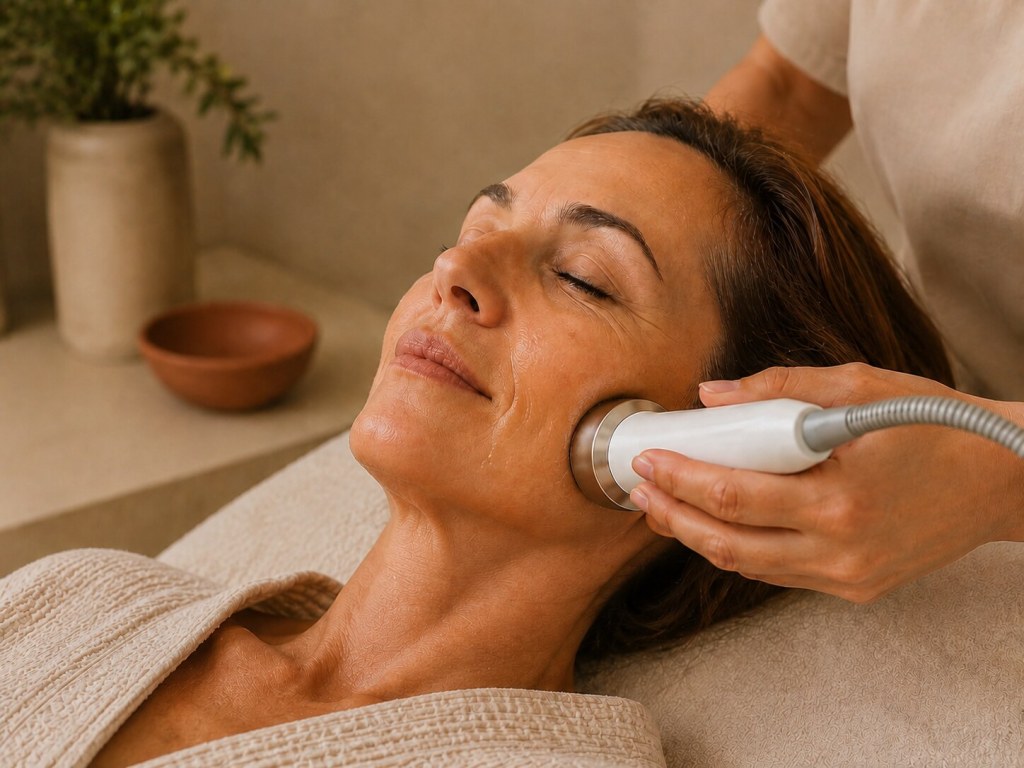 Soin Duo Lift du visage réalisé avec une sonde circulaire le long de la joue et de l’ovale d’une femme.