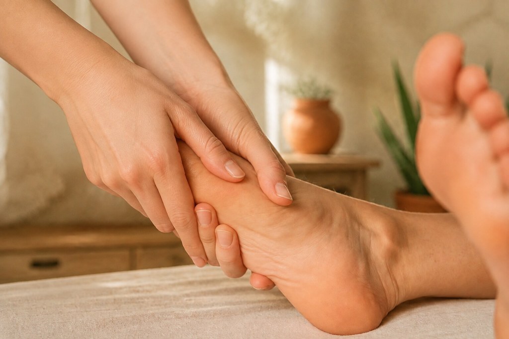 Massage précis de la voûte plantaire réalisé avec des mains féminines dans une ambiance méditerranéenne.