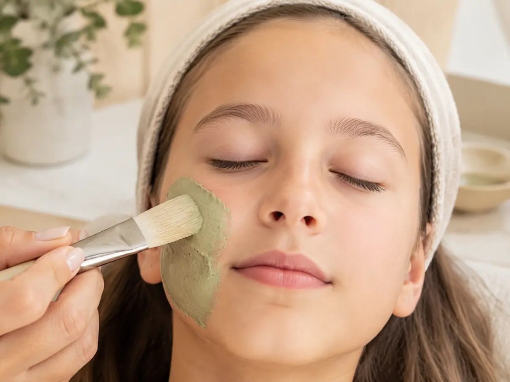 Application au pinceau d’un masque botanique sur le visage d’une enfant.