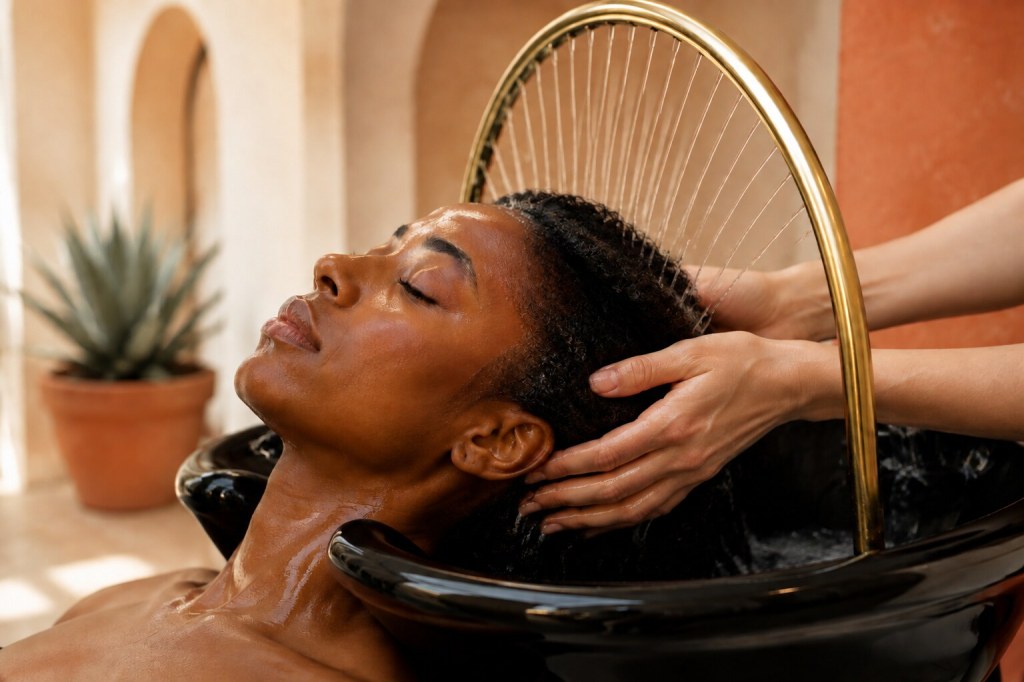 Une femme noire aux cheveux texturés reçoit un Head Spa sous un arceau d’eau doré, avec uniquement les mains de la praticienne visibles.