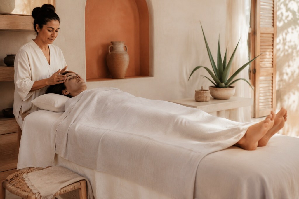 Rituel de détente associant la tête et les pieds pour une femme adulte.