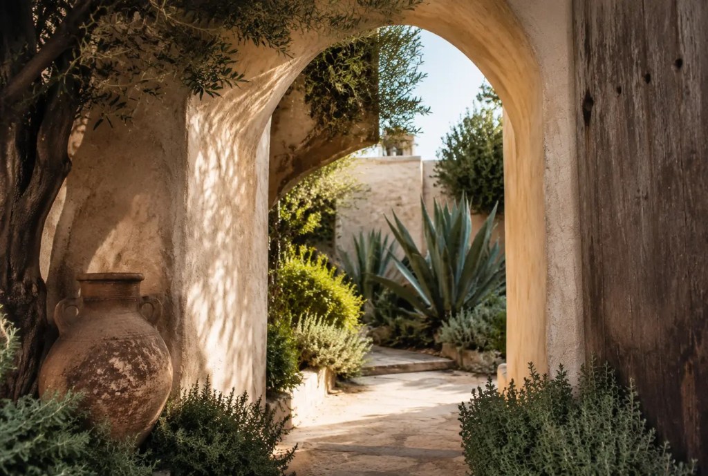 Passage sous une arche vers un jardin méditerranéen planté d’agaves, accompagné d’une amphore ancienne.