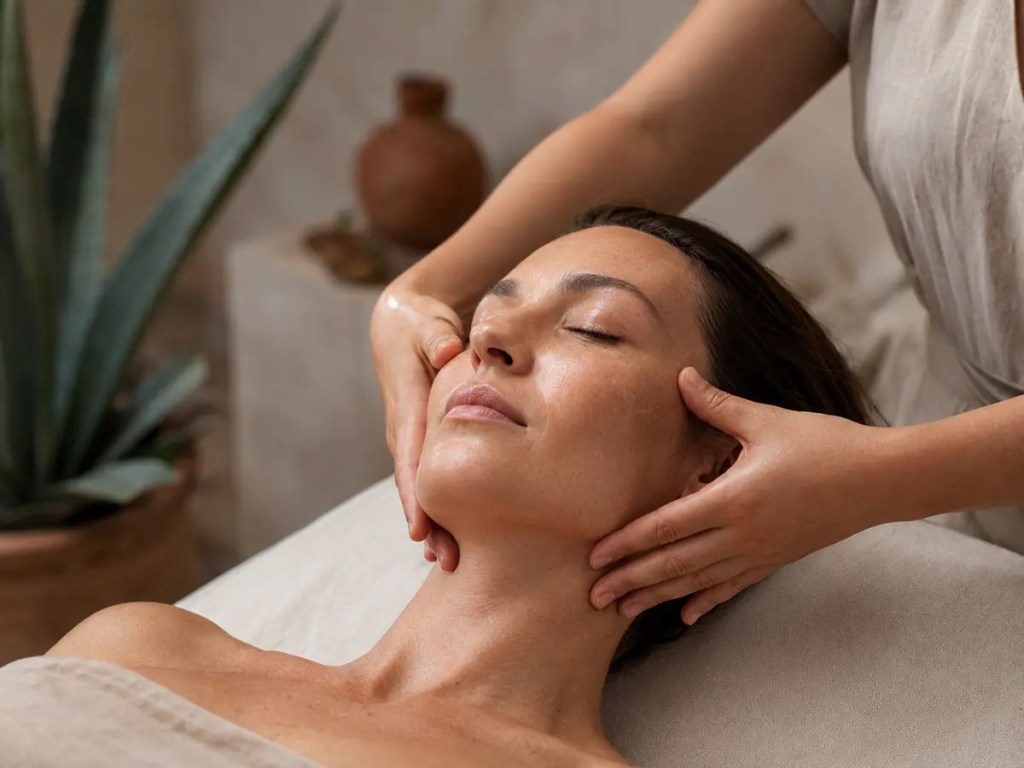Massage japonais du visage réalisé par des gestes liftants le long des joues et de la mâchoire.