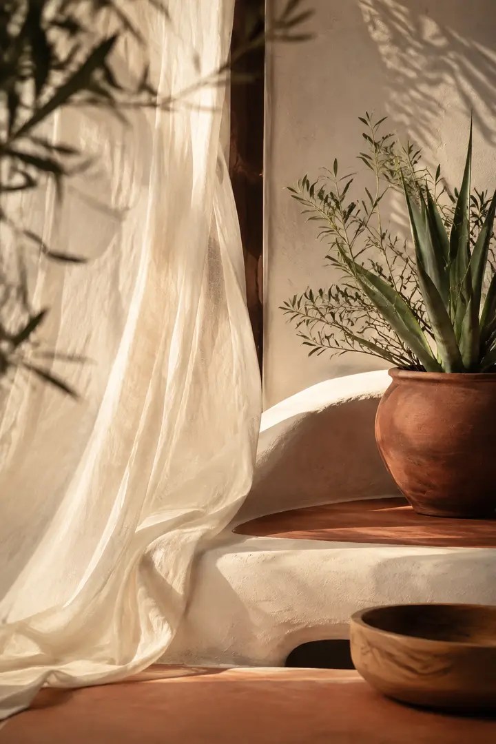 Voilage lumineux et matières naturelles dans un décor méditerranéen.
