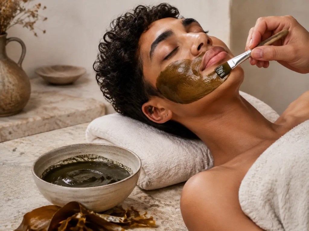 Application au pinceau d’un peeling marin aux algues sur le visage.