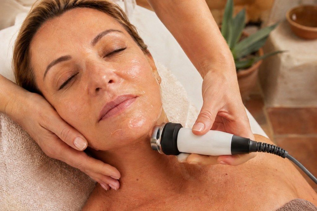 Soin de radiofréquence réalisé sur l’ovale du visage d’une femme, avec uniquement les mains de la praticienne visibles.