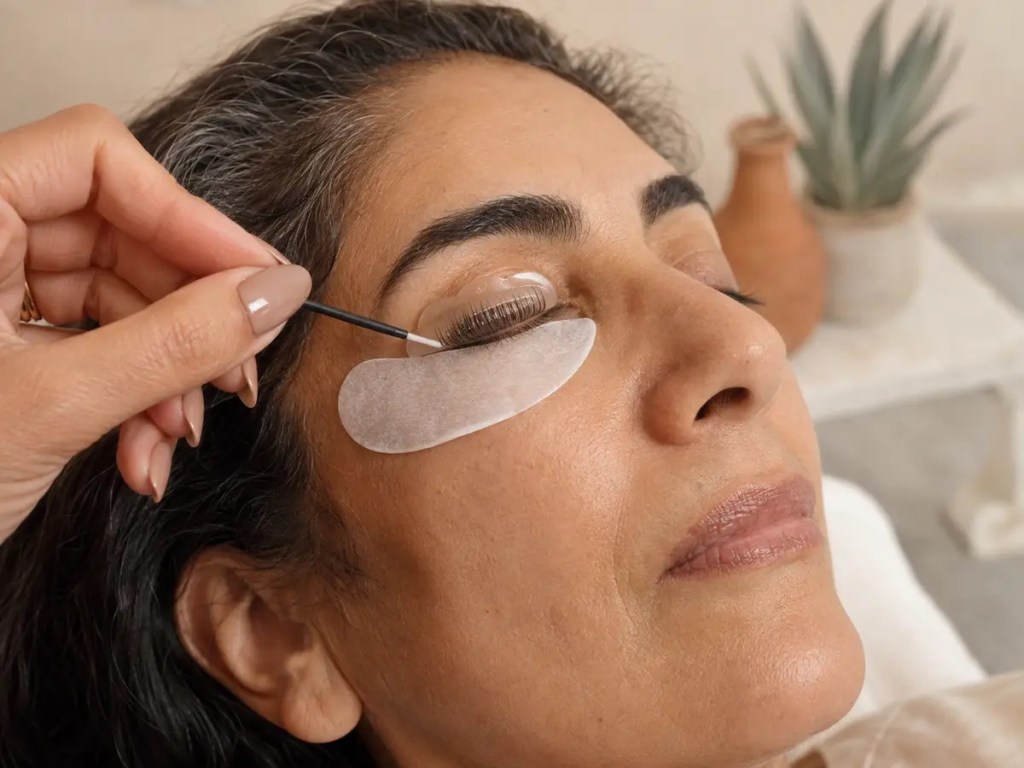Rehaussement de cils réalisé sur paupière fermée avec un support en silicone.
