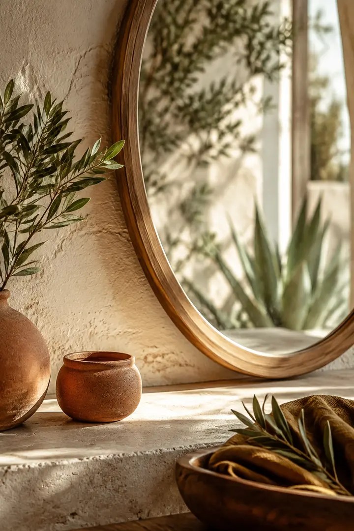 Miroir arrondi, céramiques et agave dans une lumière douce.