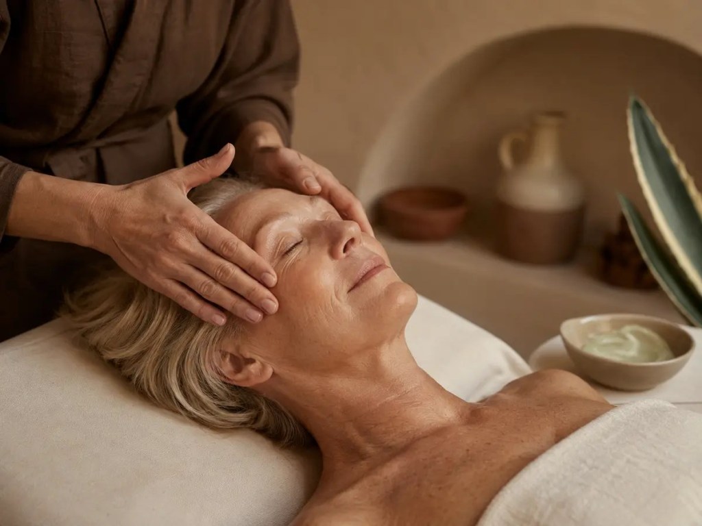 Massage relaxant du visage et des tempes pendant le soin Signature visage.