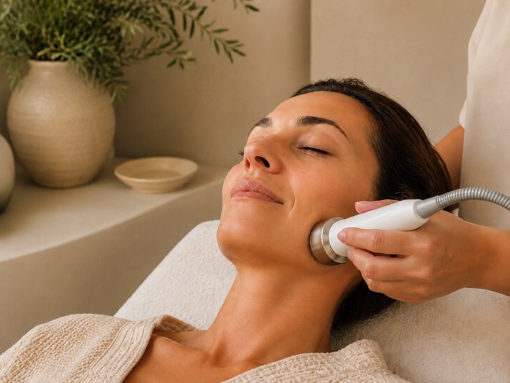 Soin du visage réalisé avec une sonde EMS circulaire le long de l’ovale d’une femme.