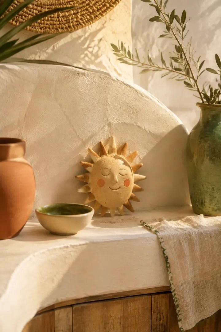 Petit soleil en céramique dans un décor méditerranéen.