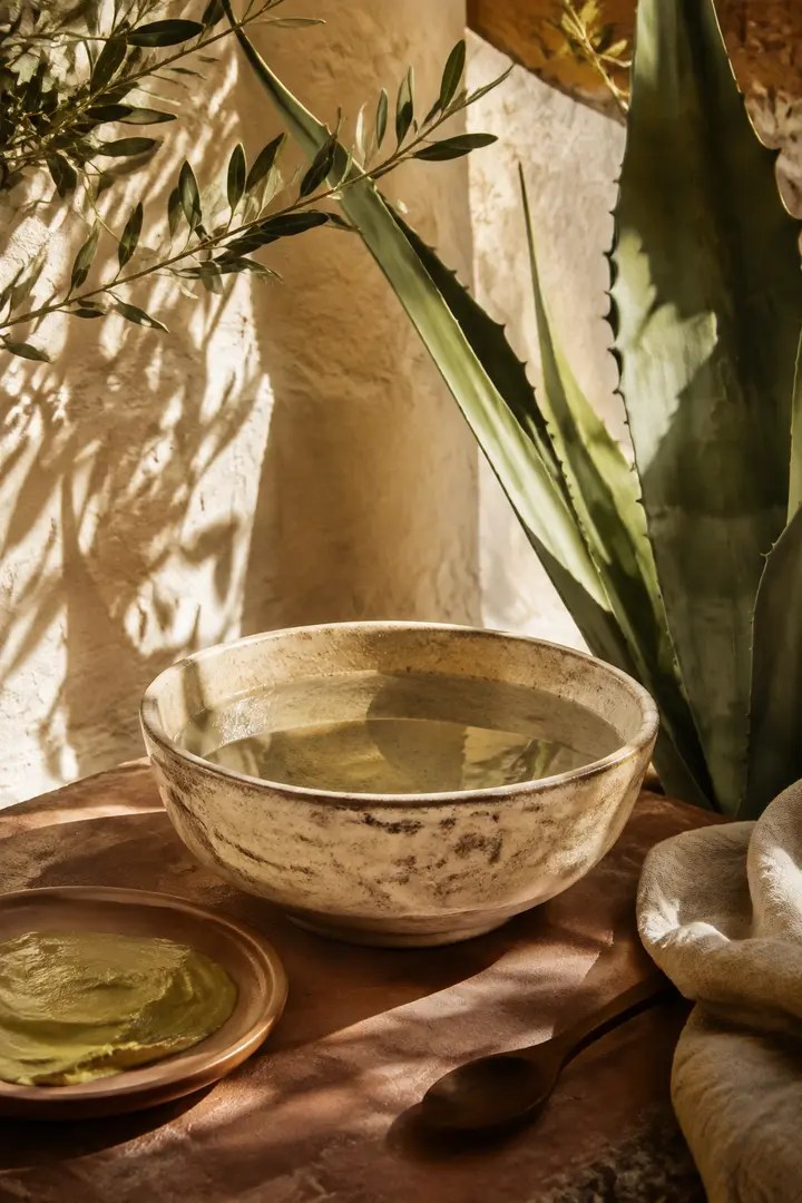 Composition sensorielle avec un bol en céramique, de l’eau et des feuilles d’agave.